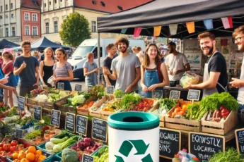 Targowisko we Wrocławiu z kolorowymi stoiskami warzywnymi, uśmiechniętymi sprzedawcami i kupującymi z koszykami, w tle ekologiczne stoisko z pojemnikami na bioodpady.