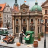 Skrzat-bankier obok miniaturowego bankomatu na ulicy we Wrocławiu