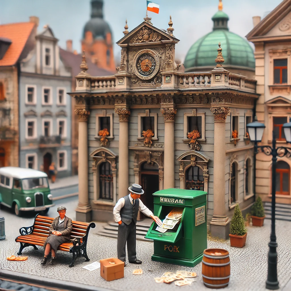 Skrzat-bankier obok miniaturowego bankomatu na ulicy we Wrocławiu