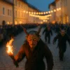 Krampusy z pochodniami podczas parady w Tyrolu Wschodnim, zimowy wieczór, ulica z tłumem i świątecznym oświetleniem