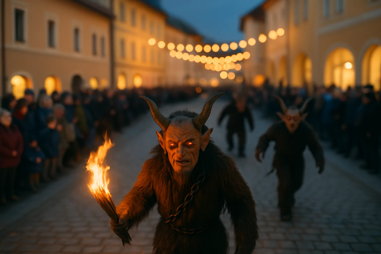 Krampusy z pochodniami podczas parady w Tyrolu Wschodnim, zimowy wieczór, ulica z tłumem i świątecznym oświetleniem