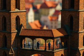 Mostek Pokutnic we Wrocławiu – zbliżenie na punkt widokowy między wieżami katedry, efekt tilt-shift, czerwony dach, rozmyte tło miasta