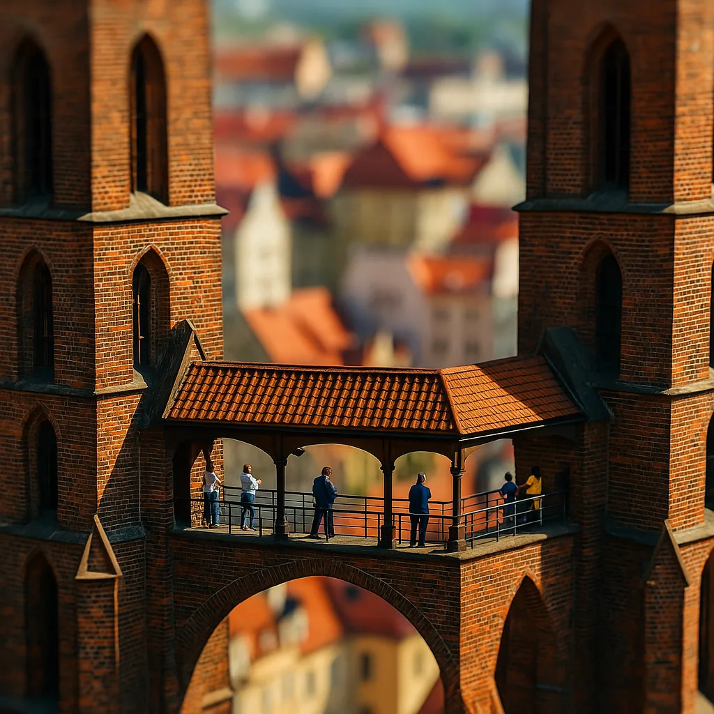 Mostek Pokutnic we Wrocławiu – zbliżenie na punkt widokowy między wieżami katedry, efekt tilt-shift, czerwony dach, rozmyte tło miasta