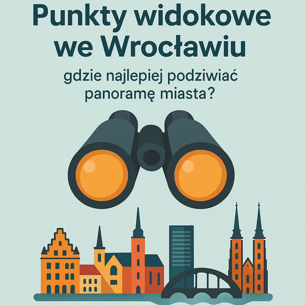 Punkty widokowe we Wrocławiu – ilustracja z panoramą miasta i symbolem lornetki