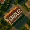 Smolec - a bird&#39;s eye view view with the name Smolec realistically placed on the roof of the building at the intersection of the street