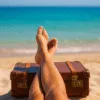 relaks na plaży z walizką – symbol gotowych wakacji bez stresu i planowania