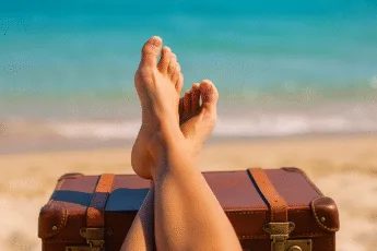 relaks na plaży z walizką – symbol gotowych wakacji bez stresu i planowania