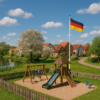 Spielplatz im deutschen Dorf im Frühling - Halbmotorenhäuser, blühende Bäume und eine Flagge Deutschlands