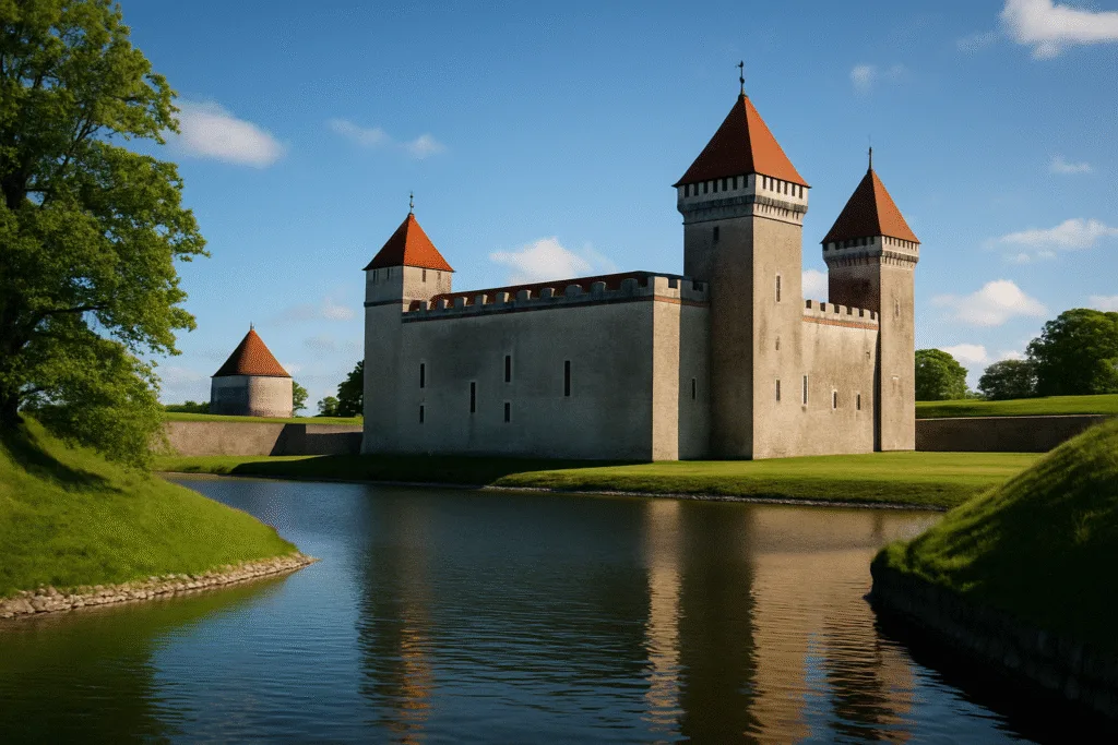 Zamek Kuressaare na wyspie Saaremaa odbijający się w wodzie fosy, z czerwonymi dachami i zielonym otoczeniem w słoneczny dzień
