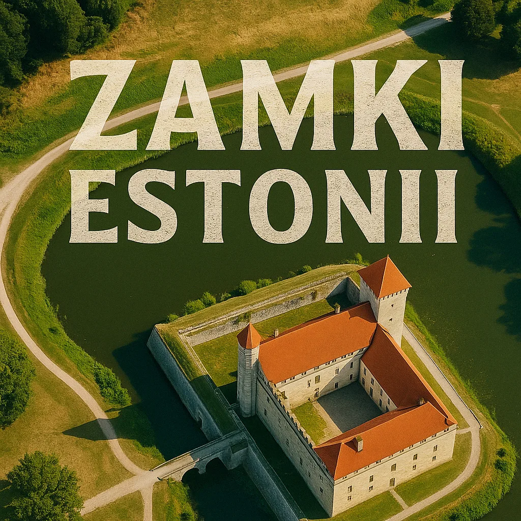 Widok z lotu ptaka na zamek w Estonii otoczony fosą, z napisem ZAMKI ESTONII wkomponowanym w krajobraz zieleni i wody