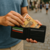 Zbliżenie na portfel z banknotem 50 euro na tle ulicy turystycznej