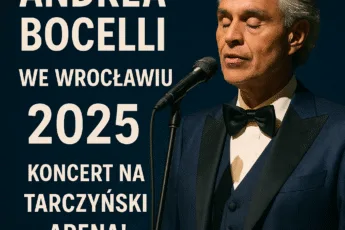 Andrea Bocelli we Wrocławiu 2025 – koncert na Tarczyński Arena, plakat promocyjny z artystą śpiewającym przy mikrofonie w eleganckim smokingu, ciemne tło i wyraźny tekst wydarzenia