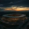 Nowoczesny stadion piłkarski inspirowany Tarczyński Arena Wrocław o zachodzie słońca, otoczony zielenią i nowoczesną infrastrukturą.