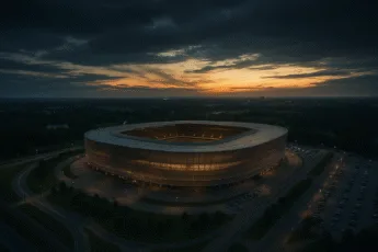 Nowoczesny stadion piłkarski inspirowany Tarczyński Arena Wrocław o zachodzie słońca, otoczony zielenią i nowoczesną infrastrukturą.
