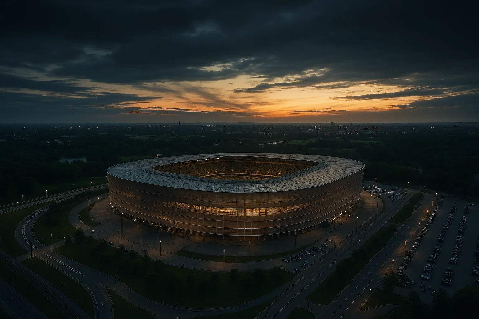 Nowoczesny stadion piłkarski inspirowany Tarczyński Arena Wrocław o zachodzie słońca, otoczony zielenią i nowoczesną infrastrukturą.