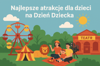 Kolorowa ilustracja z atrakcjami dla dzieci – park rozrywki, piknik, teatr i zwierzęta