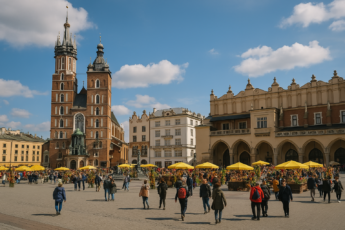 Wielkanocny Rynek Główny w Krakowie z jarmarkiem i Bazyliką Mariacką