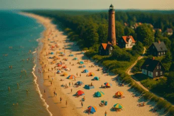Z lotu ptaka: bałtycka plaża z kolorowymi parasolami, latarnią morską i małymi domkami w stylu makiety, otoczona lasem sosnowym