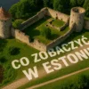 What to see in Estonia - a bird&#39;s eye view view on a medieval castle on the lake with a realistic inscription What to see in Estonia on the grass and the road in front of the walls