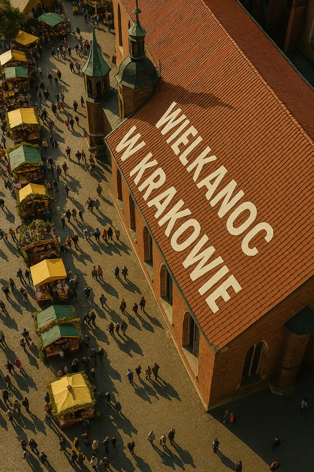 Wielkanoc w Krakowie – widok z lotu ptaka na jarmark wielkanocny przy kościele z napisem WIELKANOC W KRAKOWIE wpisanym realistycznie w dach