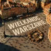 Easter in Warsaw - a view from a bird&#39;s eye view to Zamkowy Square with a fair and Zygmunt&#39;s column, with an inscription on the Easter pavement in Warsaw