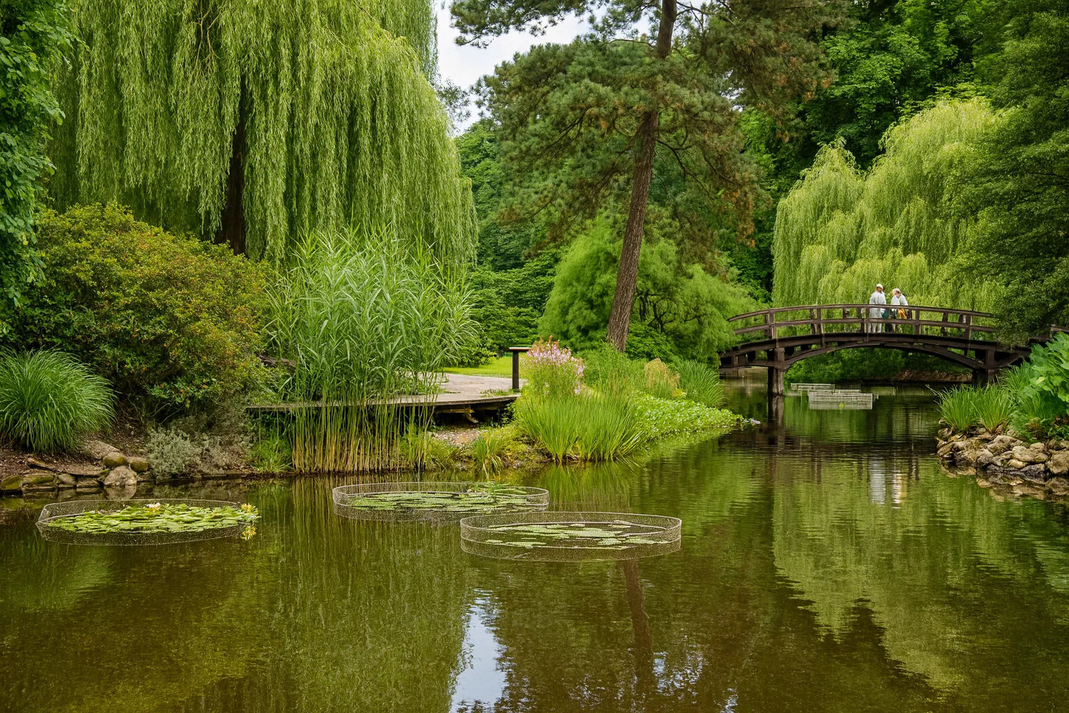 Ogród Botaniczny Wrocław – staw z mostkiem i zielenią