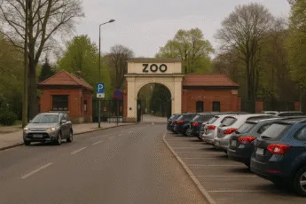 Wejście do ZOO Wrocław z tablicą ZOO i parkingiem samochodowym