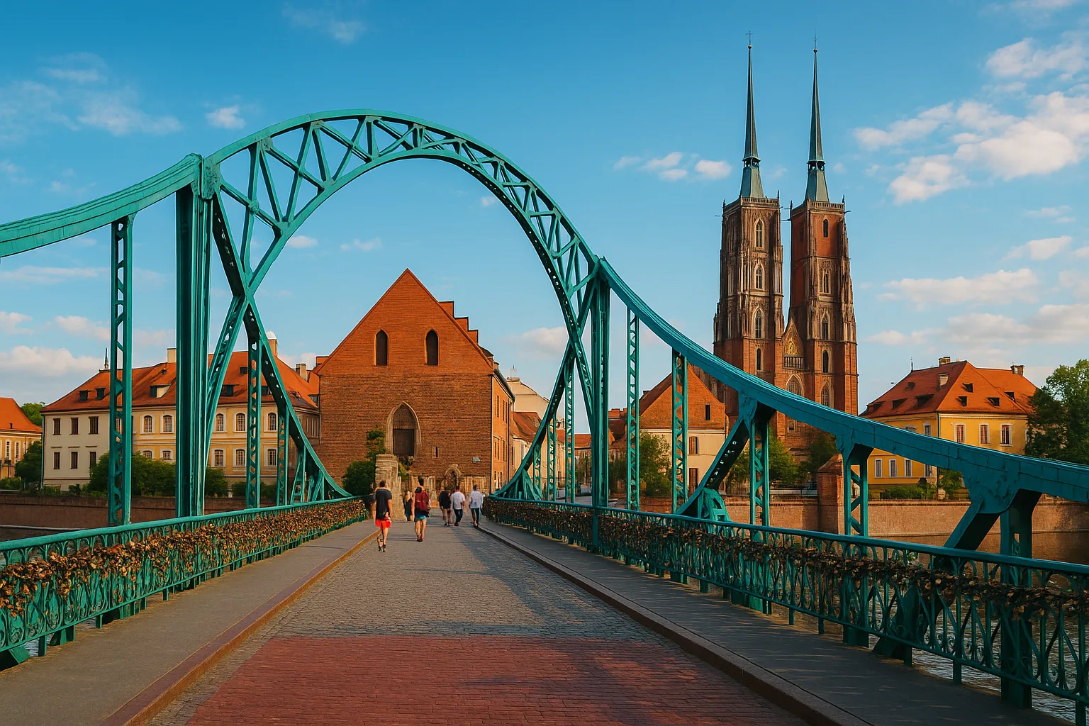 Most Tumski we Wrocławiu z widokiem na Ostrów Tumski i katedrę w słoneczny dzień