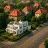 Modernistyczna willa na Biskupinie przy zielonej ulicy z torami tramwajowymi – architektura i otoczenie dzielnicy Wrocław