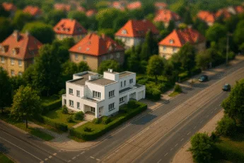 Modernistyczna willa na Biskupinie przy zielonej ulicy z torami tramwajowymi – architektura i otoczenie dzielnicy Wrocław