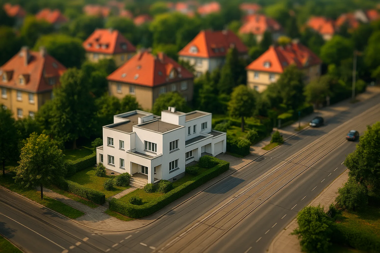 Modernistyczna willa na Biskupinie przy zielonej ulicy z torami tramwajowymi – architektura i otoczenie dzielnicy Wrocław