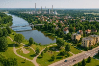 Widok na Park Miejski i most w Brzegu Dolnym z amfiteatrem, placem zabaw i panoramą zakładów przemysłowych w tle