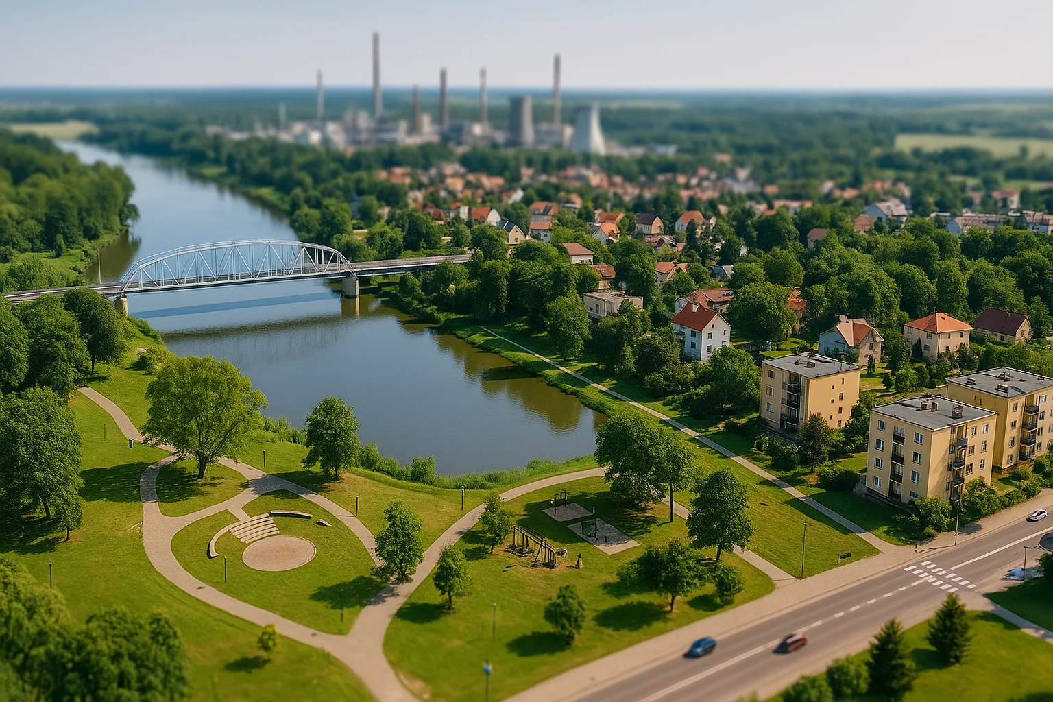 Widok na Park Miejski i most w Brzegu Dolnym z amfiteatrem, placem zabaw i panoramą zakładów przemysłowych w tle