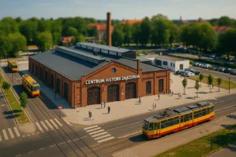 Centrum Historii Zajezdnia Wrocław – budynek z czerwonej cegły, tramwaje i plac przed muzeum z odwiedzającymi