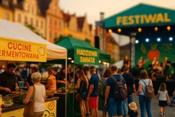 stoiska z kuchnią roślinną i fermentowaną podczas festiwalu kulinarnego, wieczorna atmosfera, scena z koncertem na tle europejskiej zabudowy
