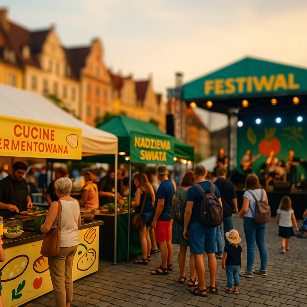 stoiska z kuchnią roślinną i fermentowaną podczas festiwalu kulinarnego, wieczorna atmosfera, scena z koncertem na tle europejskiej zabudowy