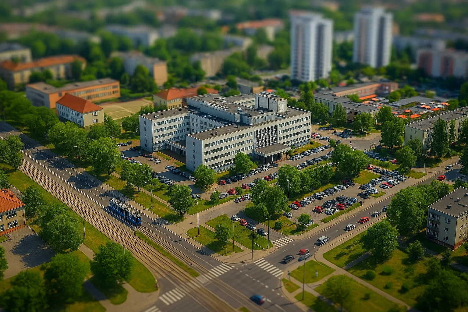 Szpital, tramwaj i zabudowa osiedla Gaj we Wrocławiu z lotu ptaka – komunikacja, mieszkania i infrastruktura
