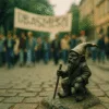 wrocławski krasnal na tle ulicznego protestu z lat 80., brukowana ulica i rozmyty tłum w stylu PRL