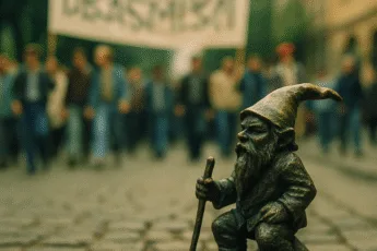 wrocławski krasnal na tle ulicznego protestu z lat 80., brukowana ulica i rozmyty tłum w stylu PRL