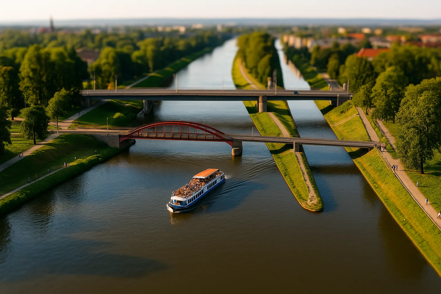 Statek pasażerski na Kanale Żeglugowym we Wrocławiu płynący pod mostami w kierunku Starej Odry, otoczony zielenią i ścieżkami spacerowymi – widok z lotu ptaka idealny na lato