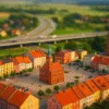 Rynek w Kątach Wrocławskich z ratuszem i widokiem na trasę w kierunku Wrocławia