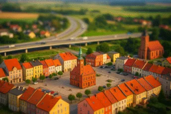 Rynek w Kątach Wrocławskich z ratuszem i widokiem na trasę w kierunku Wrocławia