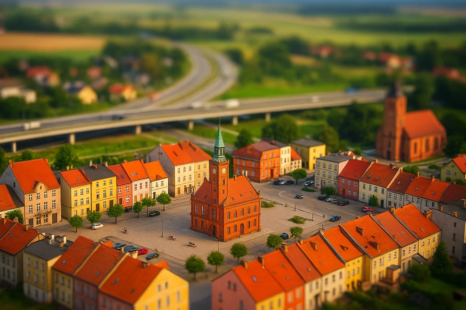 Rynek w Kątach Wrocławskich z ratuszem i widokiem na trasę w kierunku Wrocławia
