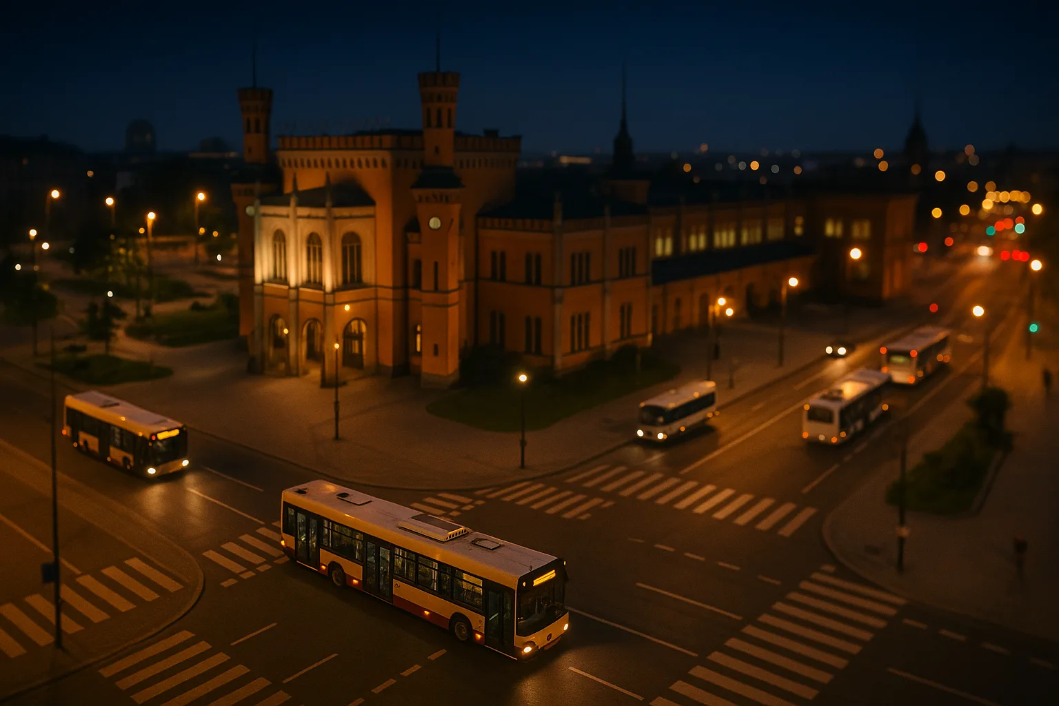 nocne autobusy MPK Wrocław na tle Dworca Głównego nocą – ruch miejski i transport publiczny