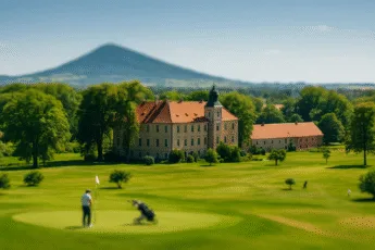 pałac w Krobielowicach z polem golfowym na pierwszym planie i Ślężą w tle, widok z lotu ptaka latem