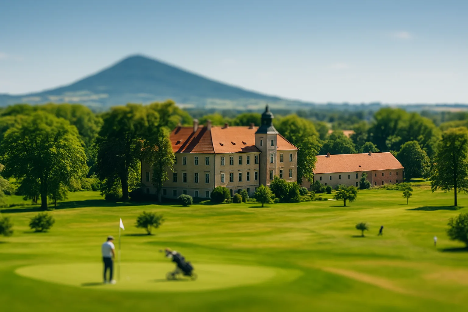 pałac w Krobielowicach z polem golfowym na pierwszym planie i Ślężą w tle, widok z lotu ptaka latem
