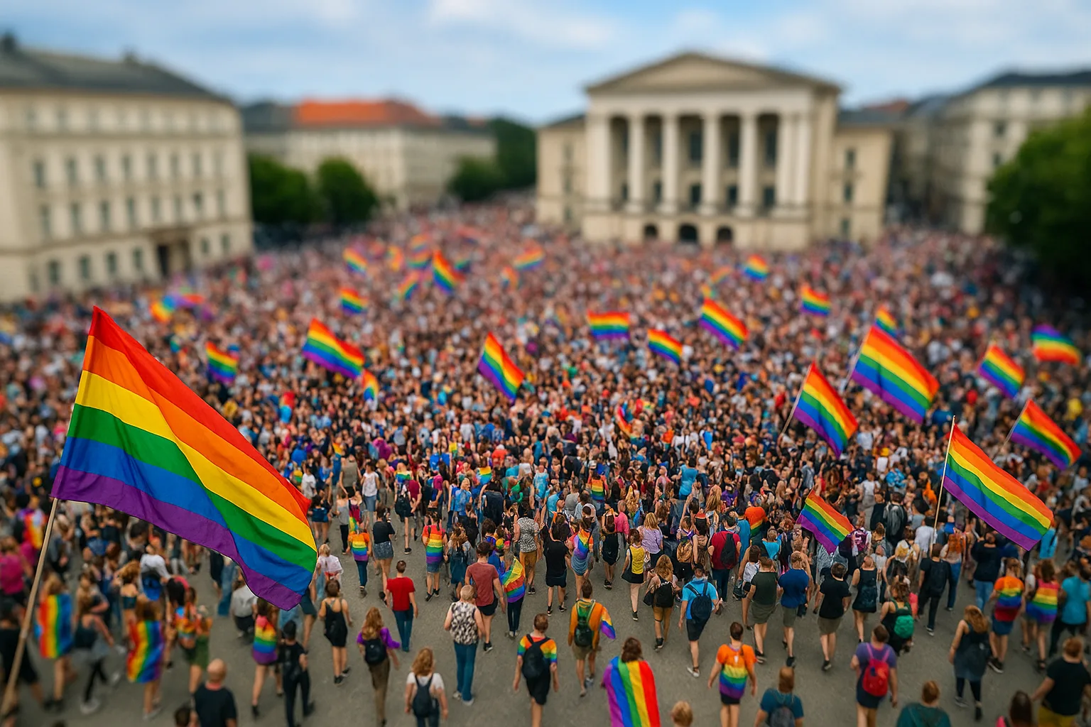 Uczestnicy Marszu Równości z tęczowymi flagami podczas wydarzenia w centrum miasta