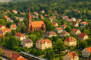 Oborniki Śląskie z lotu ptaka – kościół, domy i pociąg z Wrocławia wśród zieleni
