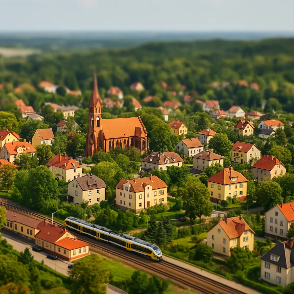 Oborniki Śląskie z lotu ptaka – kościół, domy i pociąg z Wrocławia wśród zieleni