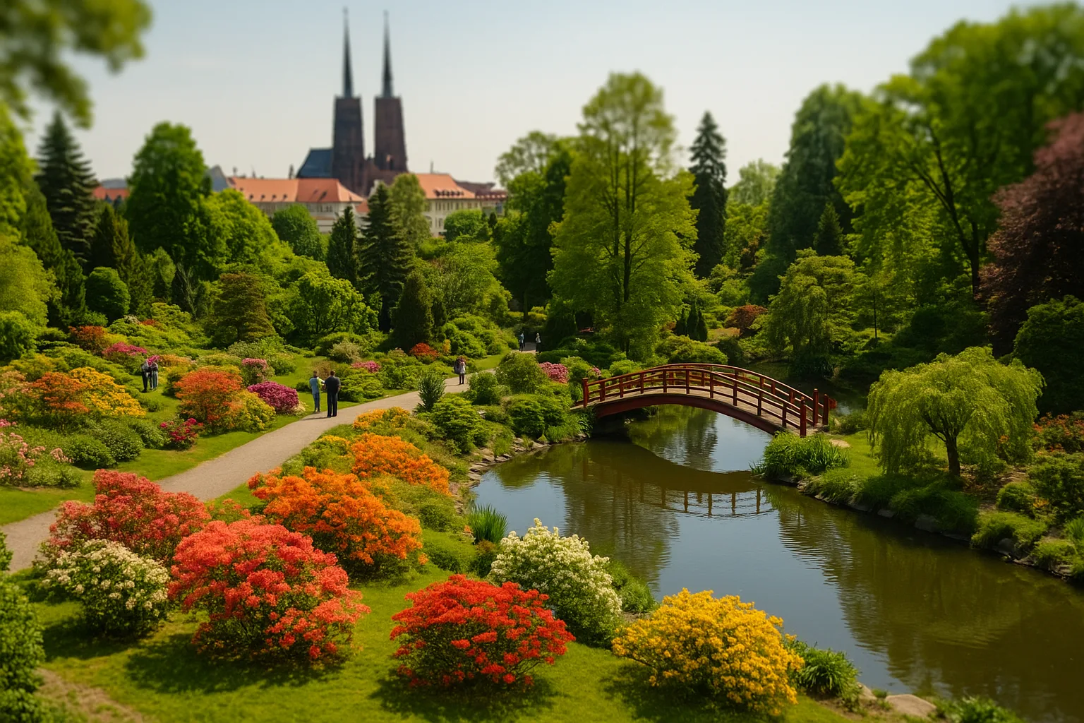 kwitnące azalie i czerwony mostek w Ogrodzie Botanicznym we Wrocławiu w maju – najpiękniejsze miejsce na spacer i zdjęcia